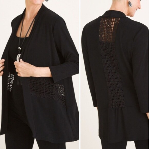 Chicos Travelers Lace Detail Cardigan Jacket Slinky Open Front Black NWT - Picture 1 of 16